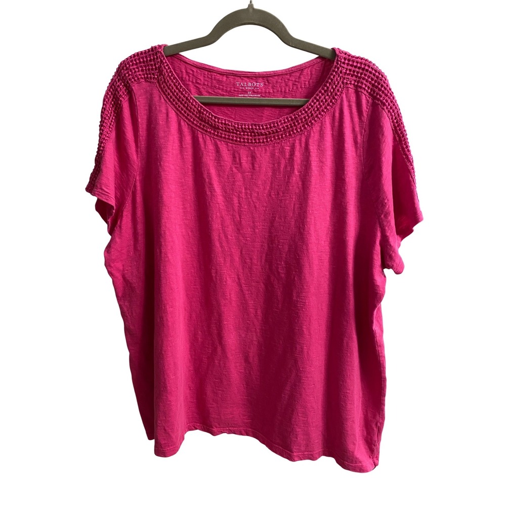 Talbots Woman Pink 100% Cotton Slub Crochet Lace Neck Short Sleeve Top 3X